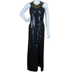ROBERT Anthony vintage black gold sequins beaded full length dress‎ size 4